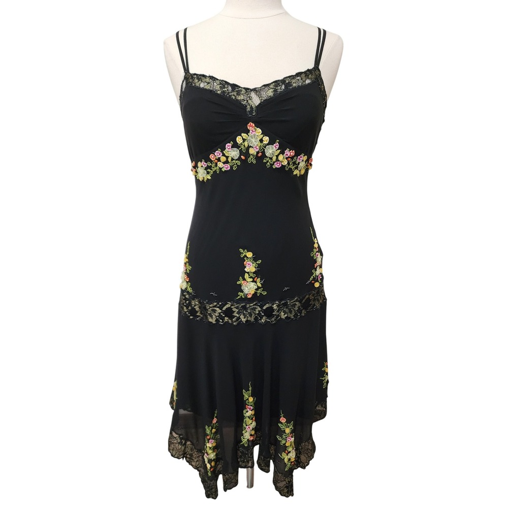 Vintage Sue Wong Silk Fairy Dress 90s Y2K Embroidered Floral Lace Black size 6 - Picture 2 of 16